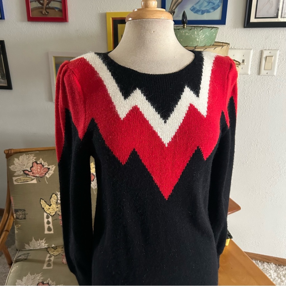 SOLD Vintage 1940s Style Dress Sweater Knit Black Red M L Pinup 40s 80s - Picture 3 of 5